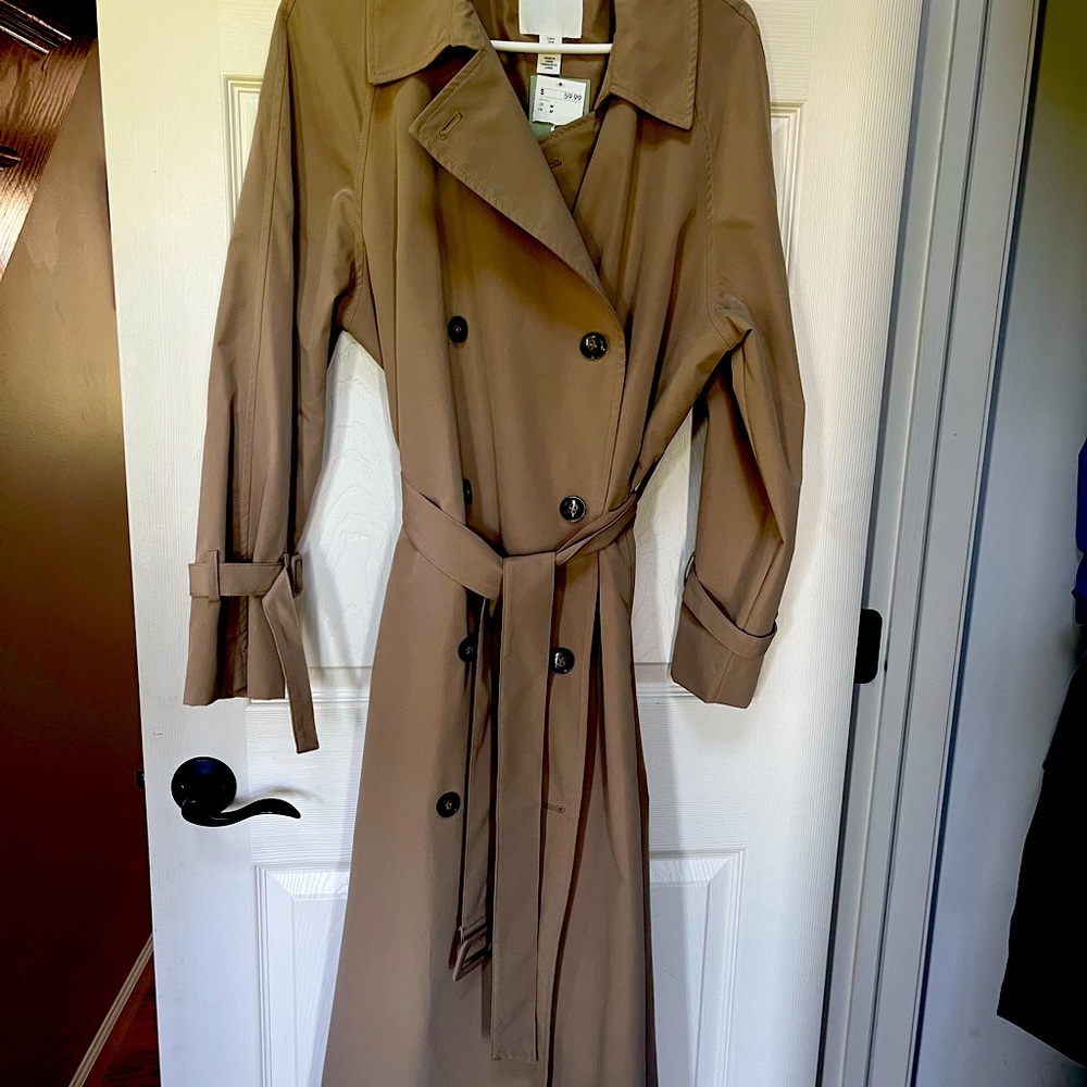 H&M medium beige long rain jacket. Very stylish. New with tags